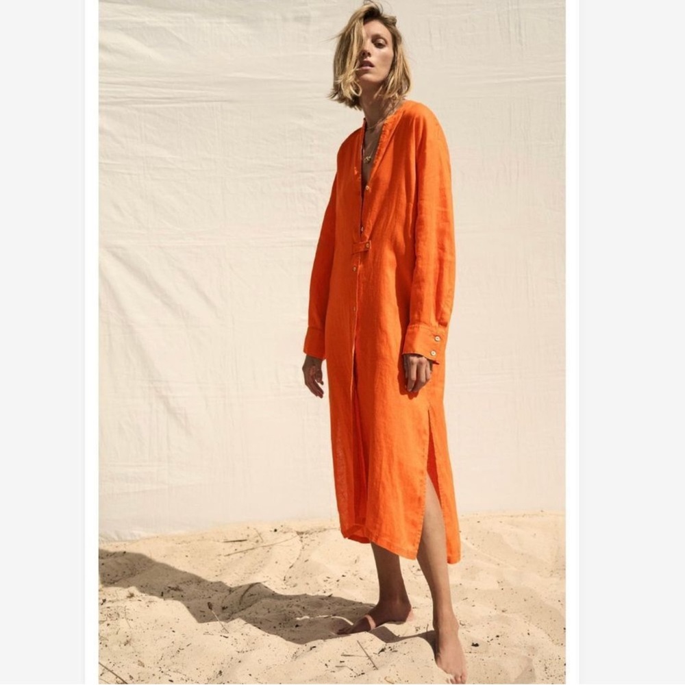 Zara Orange Linen Kaftan Tunic Midi Dress Beach Coverup